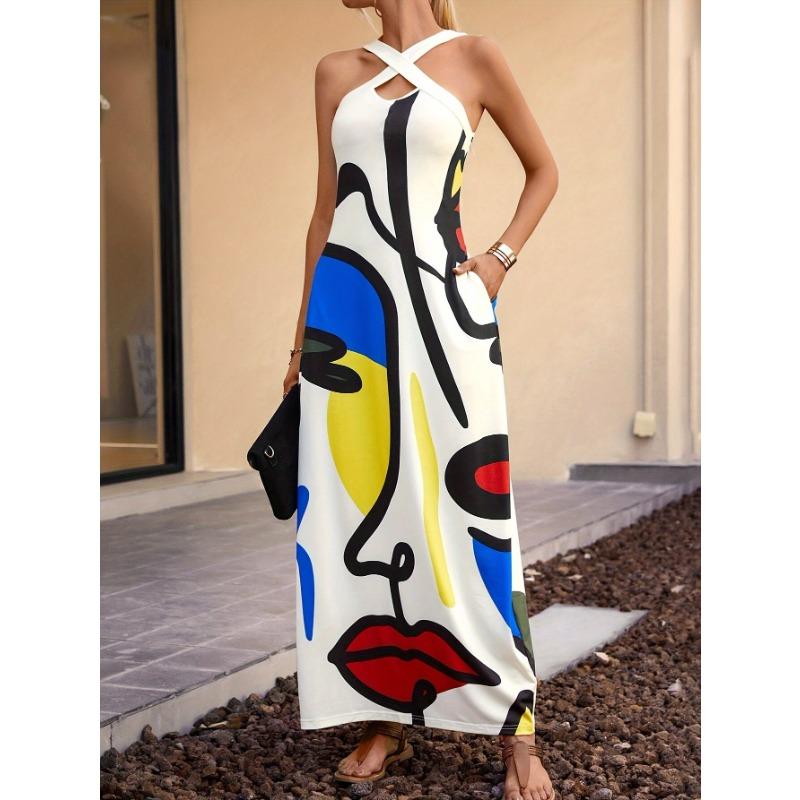 

JKASHDK Женская мода лето весна цвет блок принт без рукавов свисающий вырез свободная талия повседневные платья XXL белый