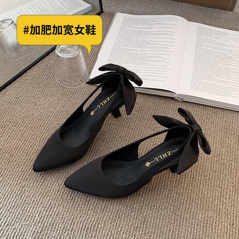 Pointed Stiletto High Heels Spring New Products Bow Single Shoes Wide Feet Fat Feet Women's Shoes