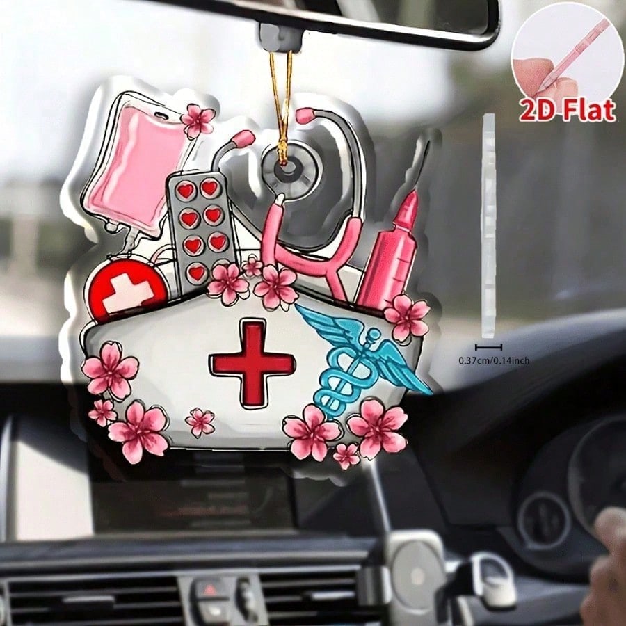 1 2D Flat Acrylic Medical Car Pendant - Stethoscope, Syringe, Symbol - for Mirror, Backpack & Keychain, Durable