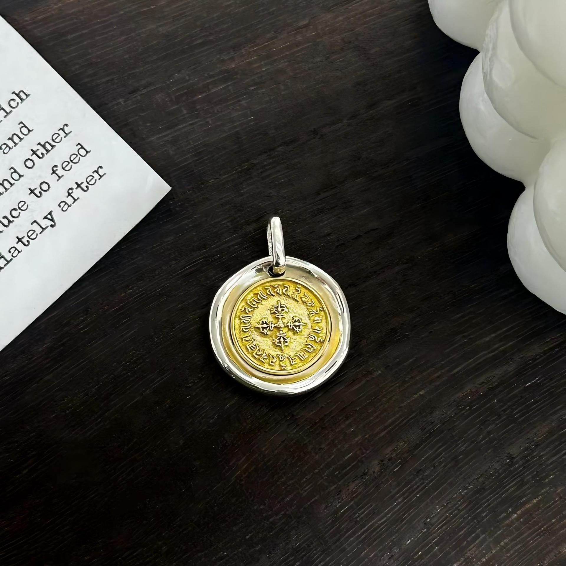 

S925 Sterling Silver Vintage Round Gold Vajra Pendant with Sanskrit Design