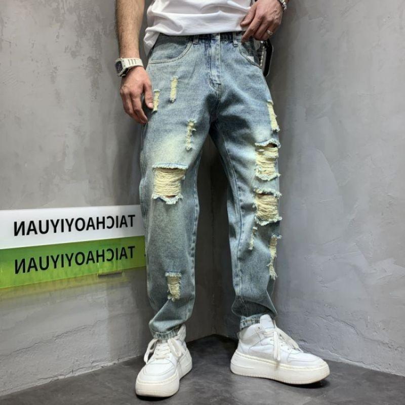 Washed wear-resistant casual pants ruffian handsome versatile ripped jeans pants spring and summer straight-leg pants men's trendy brand loose tied f
