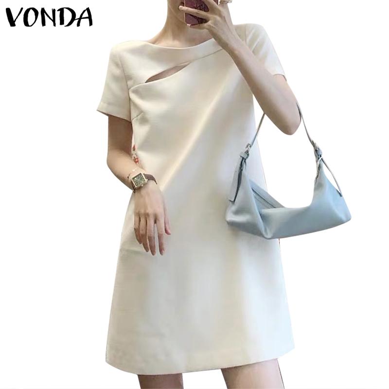 VONDA Ladies Summer Round Neck Short Sleeve Slit Pearl Button Straight Solid Colour Short Dresses