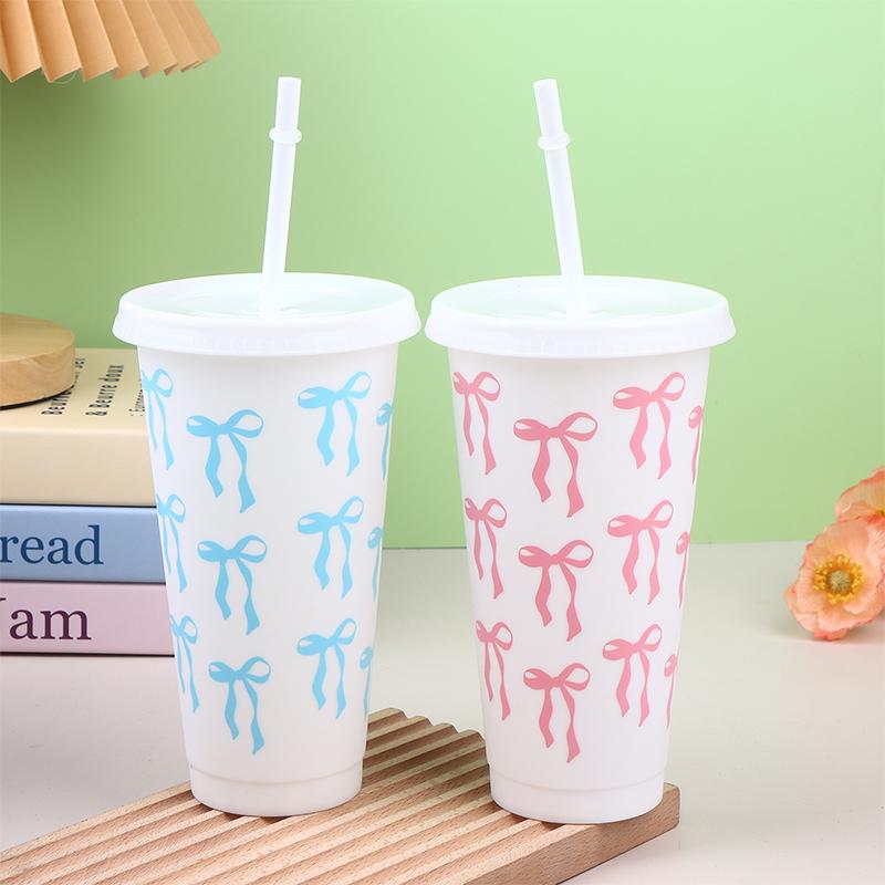1Pc 710Ml Kawaii Bow Reusable Party Cups With Straw Lid Coffee Juice Tea Cute Tumbler With Straw Plastic Cups Summer Gifts