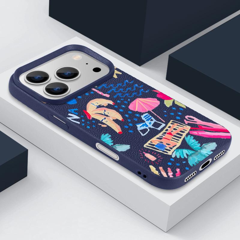 For iPhone 17 Pro Max Case Luxury Cartoon Vacation Painting Leather Texture Silicone Cover For iPhone 16 Pro Max 15 14 13 12 11 16E Air