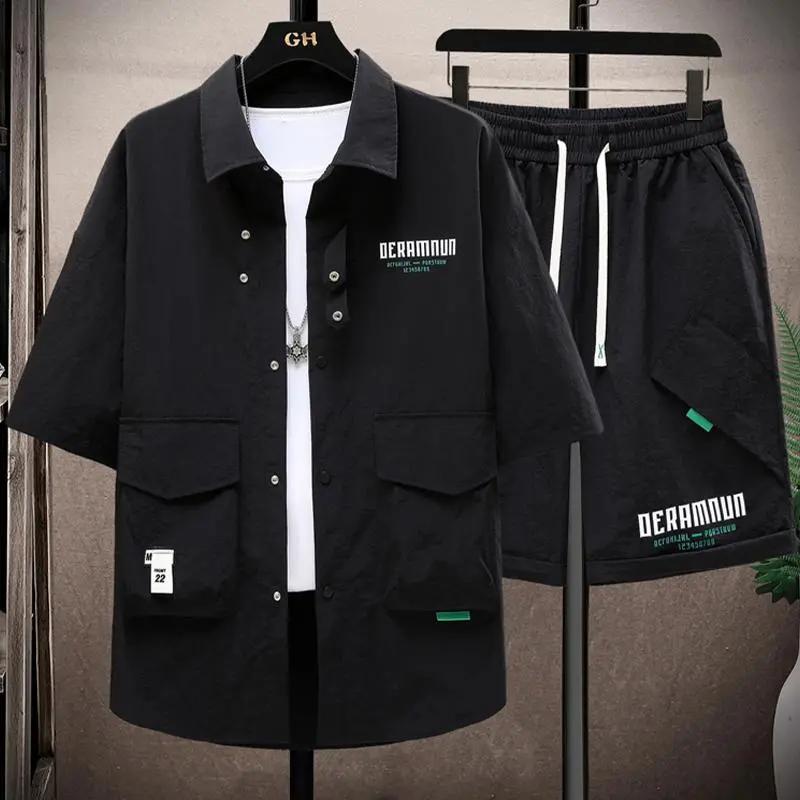 Men's Summer Handsome Workwear Suit Youth Short-sleeved Shirt + Shorts Casual Two-piece Set