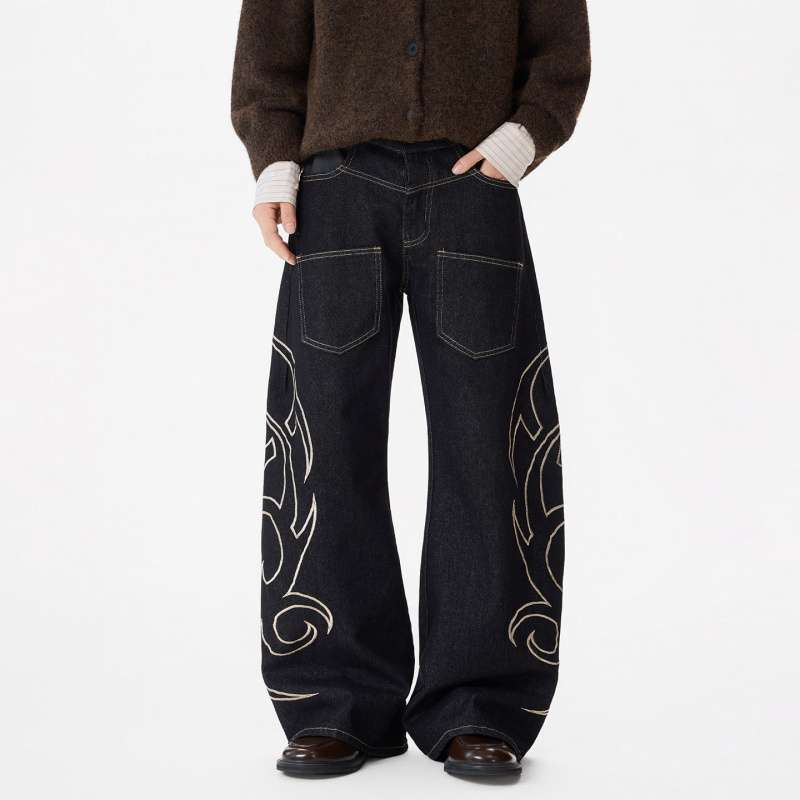 JYL Унисекс Прямые Джинсы Оригинальная Вышивка Тотема Cleanfit High-Street Bootcut Деним M амарантовый