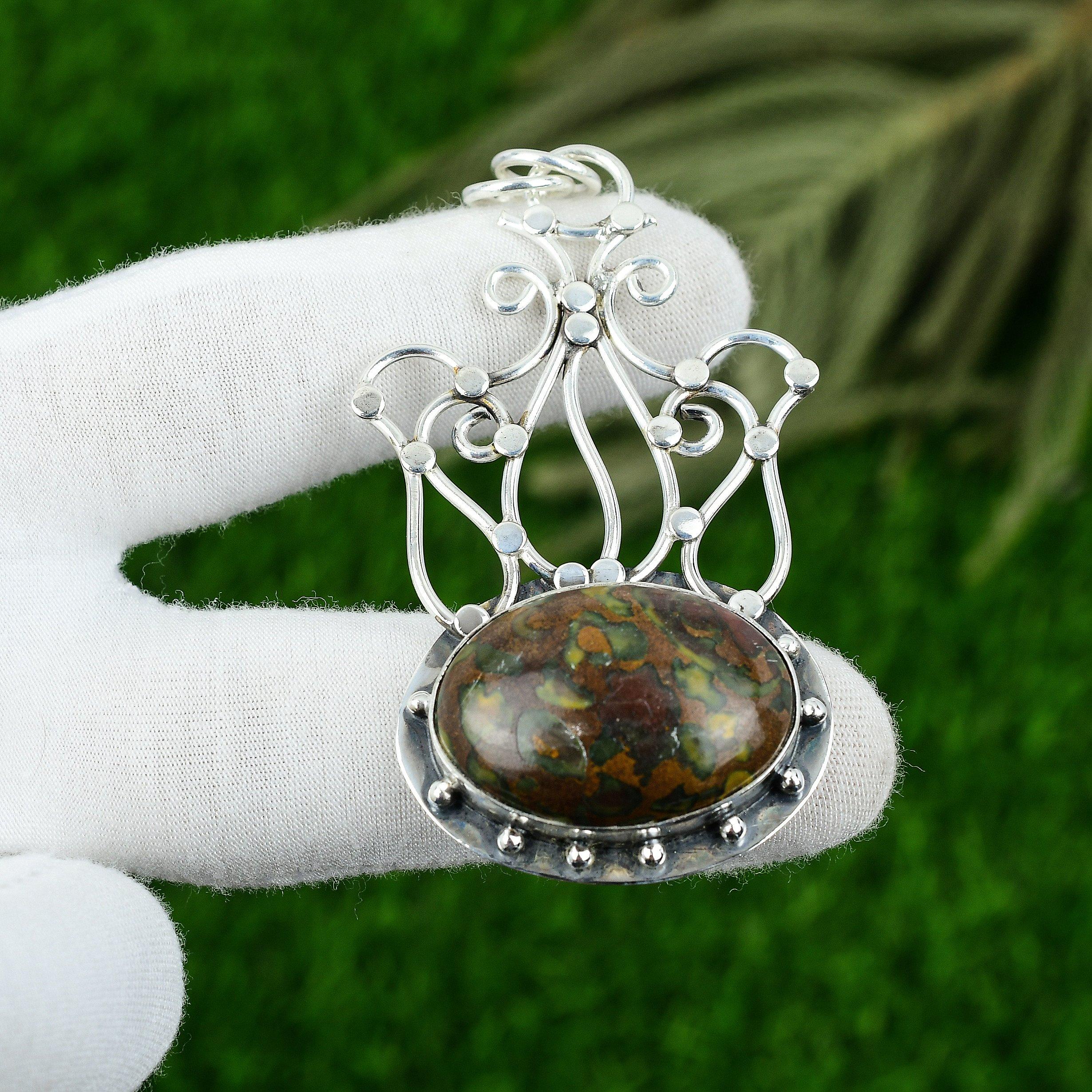 

925 Sterling Silver Fruit Jasper Stone Bezel Daughter Handmade Unique Pendant