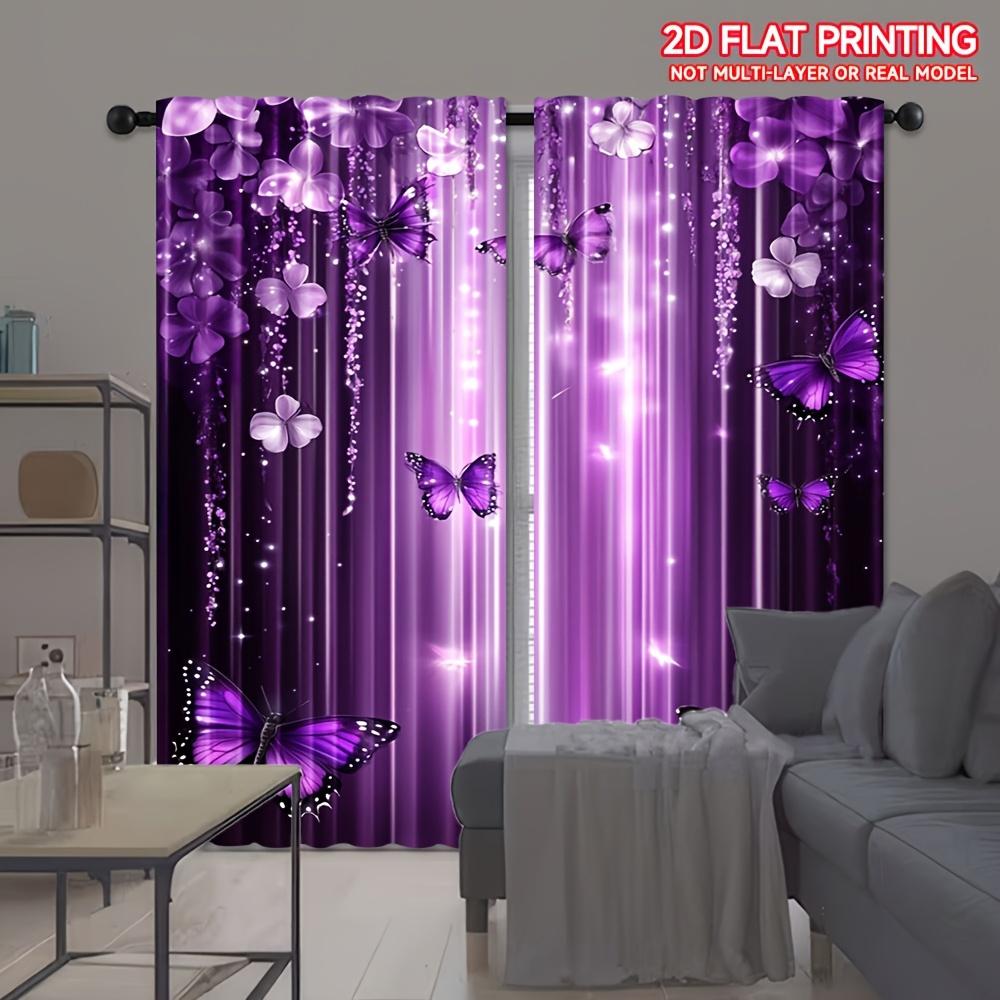 2pcs Purple Butterfly and Floral Print Curtains – Ideal for Artistic Decoration In Bedroom Living Room and Office