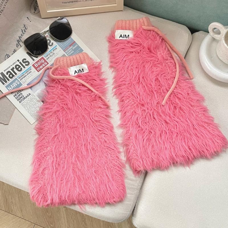 Womens Y2K Girls Winter Furry Leg Warmer wtih Drawstring Harajuku Letter Label Furry Plush Flared Boot Cover Long Socks