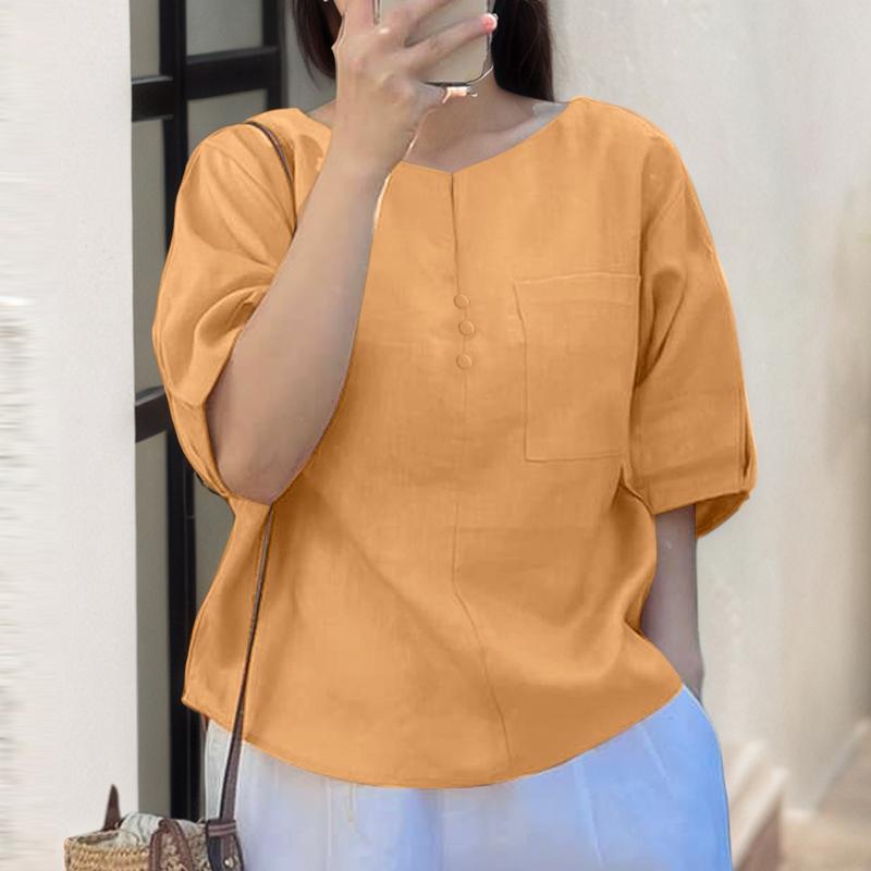 ZANZEA Women Loose Casual Round Neck Solid Color Half Sleeve Blouse