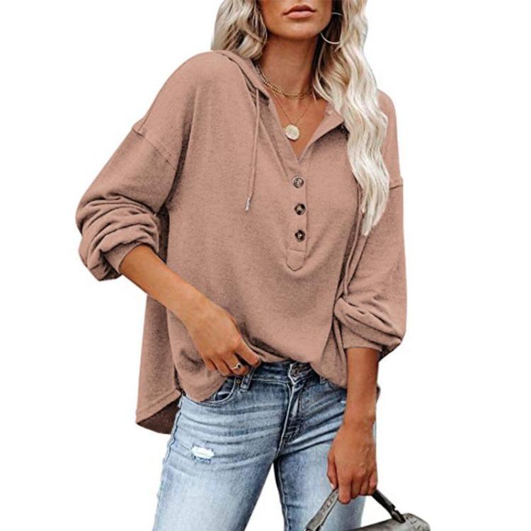 Autumn Winter Women Casual Loose V Neck Hoodie Top Solid Color Single Breasted Shirt