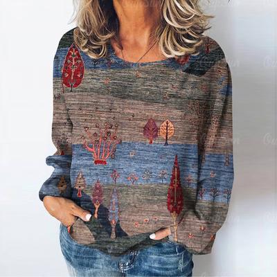 Maglietta a maniche lunghe con stampa di paesaggi naturali, casual autunnale, da donna, abbigliamento quotidiano largo da donna, pullover vintage da strada