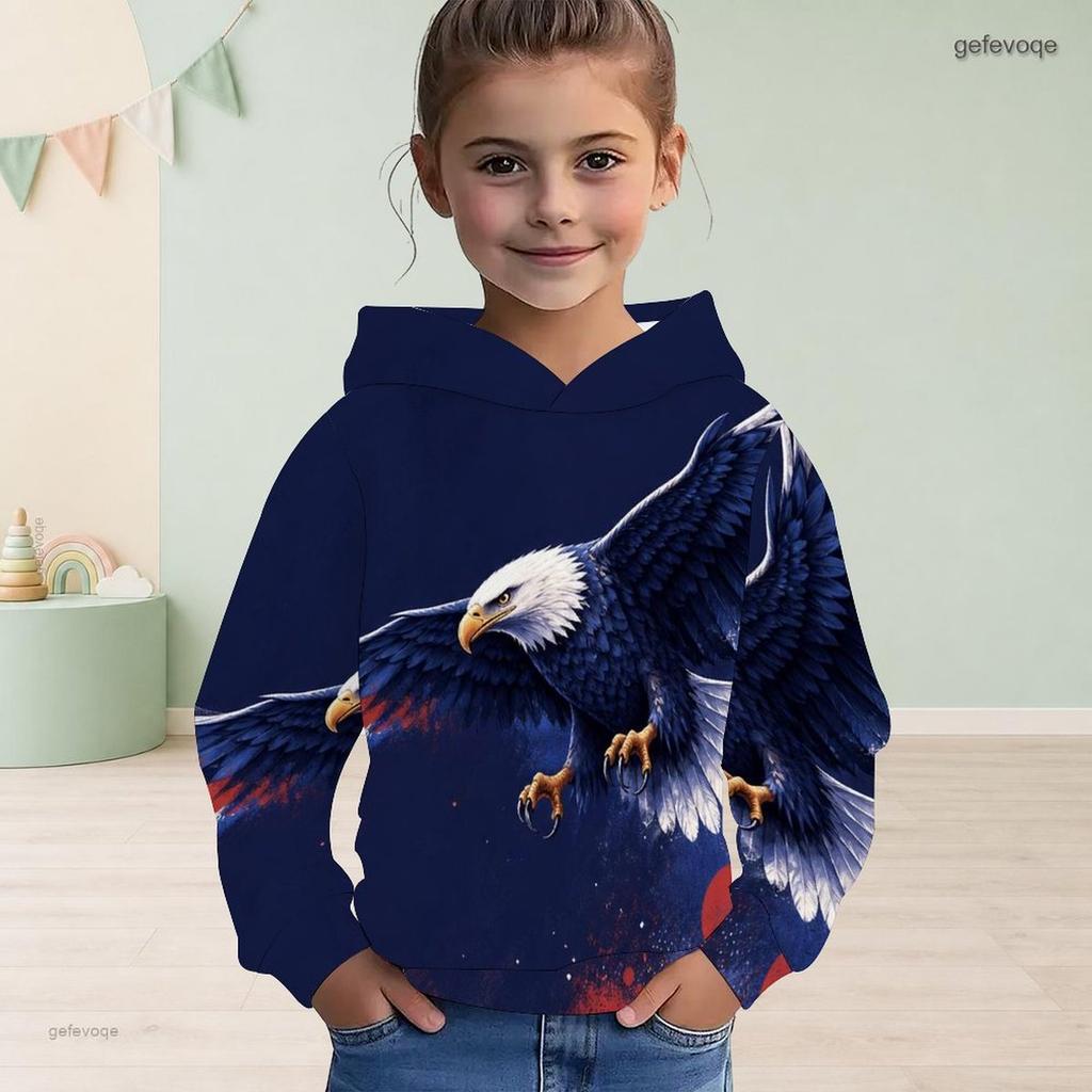 Girls Long Sleeve Hoodie Bald Eagle American Flag Printed Pullover