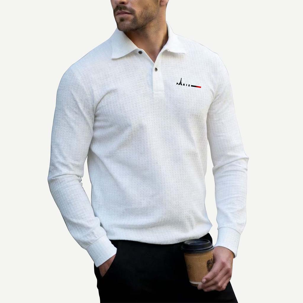Men's Waffle Knit Paris Eiffel Tower Long Sleeve Polo