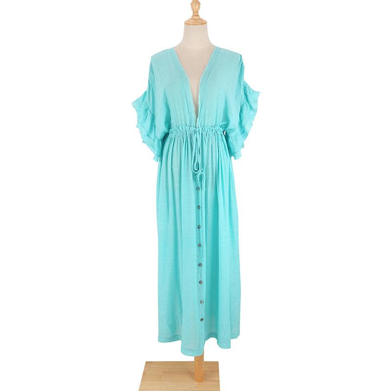New Bamboo Cloth Button Waist Rope Long Skirt Cardigan Vacation Beach Jacket Sunscreen Clothes Long Skirt Bikini Blouse Women