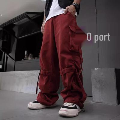 Unisex High Street Red Hip-Hop Overalls - Loose Fit Wide-Leg Trousers with Jazz Ribbon Accents