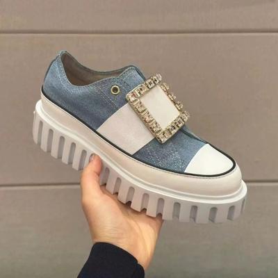 Moda 2024 Europejskie i Amerykańskie Jesienne Damskie Buty Płócienne na Podwyższonej Platformie z Kwadratową Klamrą i Cyrkoniami Buty Sportowe Codzienne