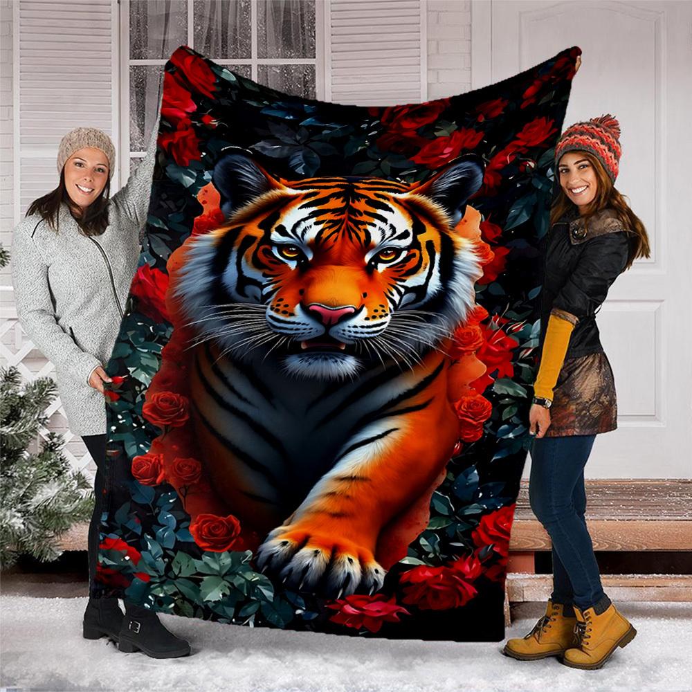 1pc Tiger Roses Outdoor Flannel Blanket, Cozy & Warm Soft Te Playful Design, Napping Camping,