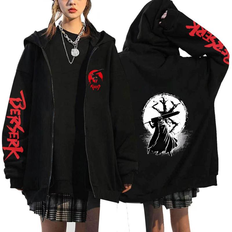 Berserk Anime Hooded Zip-Up Sweatshirt Men Oversized Fleece-Lined Pullover With Drawstring Cap Side Pockets