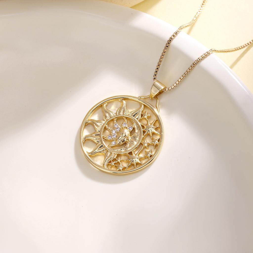 Nidin Trendy Sun Moon Star Pendant Necklace For Women Copper Cubic Zirconia Hollow Round Charm Chain Celestial Boho Jewelry Gift