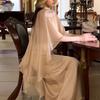 Asymmetric Tulle Cloak Strap Dress V Neck Satin Dress