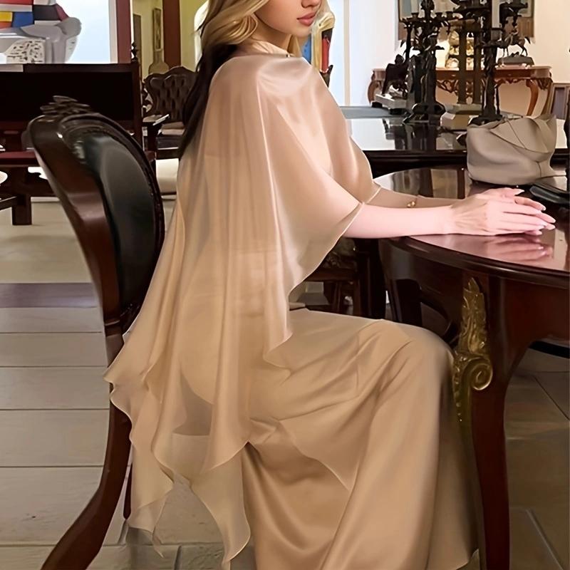 Asymmetric Tulle Cloak Strap Dress V Neck Satin Dress