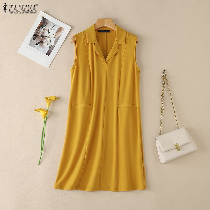 ZANZEA Women Casual Turn Down Collar Solid Color Loose Sleeveless Dress