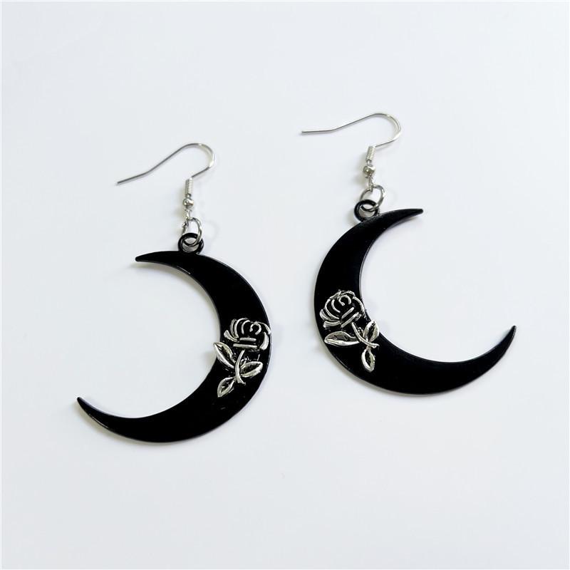 Gothic Moon Rose Flower Earrings