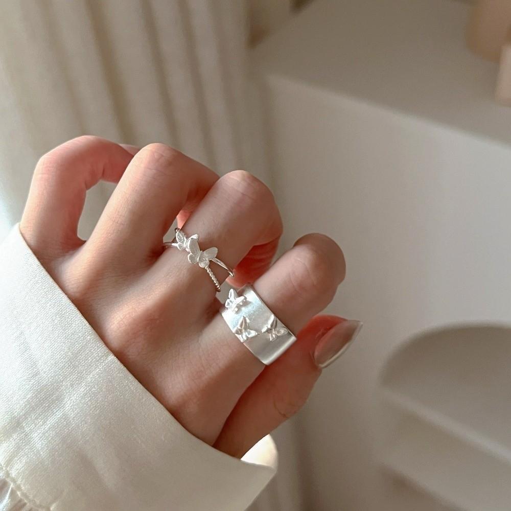 Simple Tibetan Silver Butterfly Ring Matte Light Adjustable Finger Geometric Ring 3D Silver Ring Party Birthday Gift