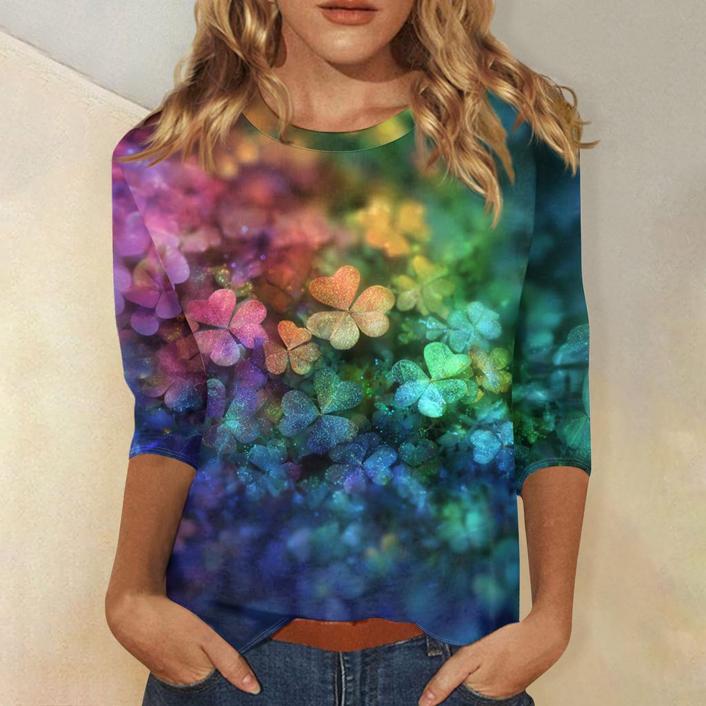 Damenoberteile Dreiviertelarmshirt Rundhalsausschnitt Lockeres Freizeitshirt Druck T-Shirt