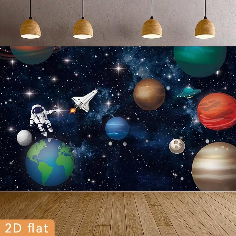 2D Flat Outer Space Banner Kids Space Adventure with Astronaut, Rocket Solar System Backdrop 47.2x31.5inch/120*80cm