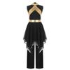 Praise Dance Costume for Kids Girls: Asymmetrical Sleeveless Metallic Dress & Comfortable Wide-Leg Pants with Elastic Waist