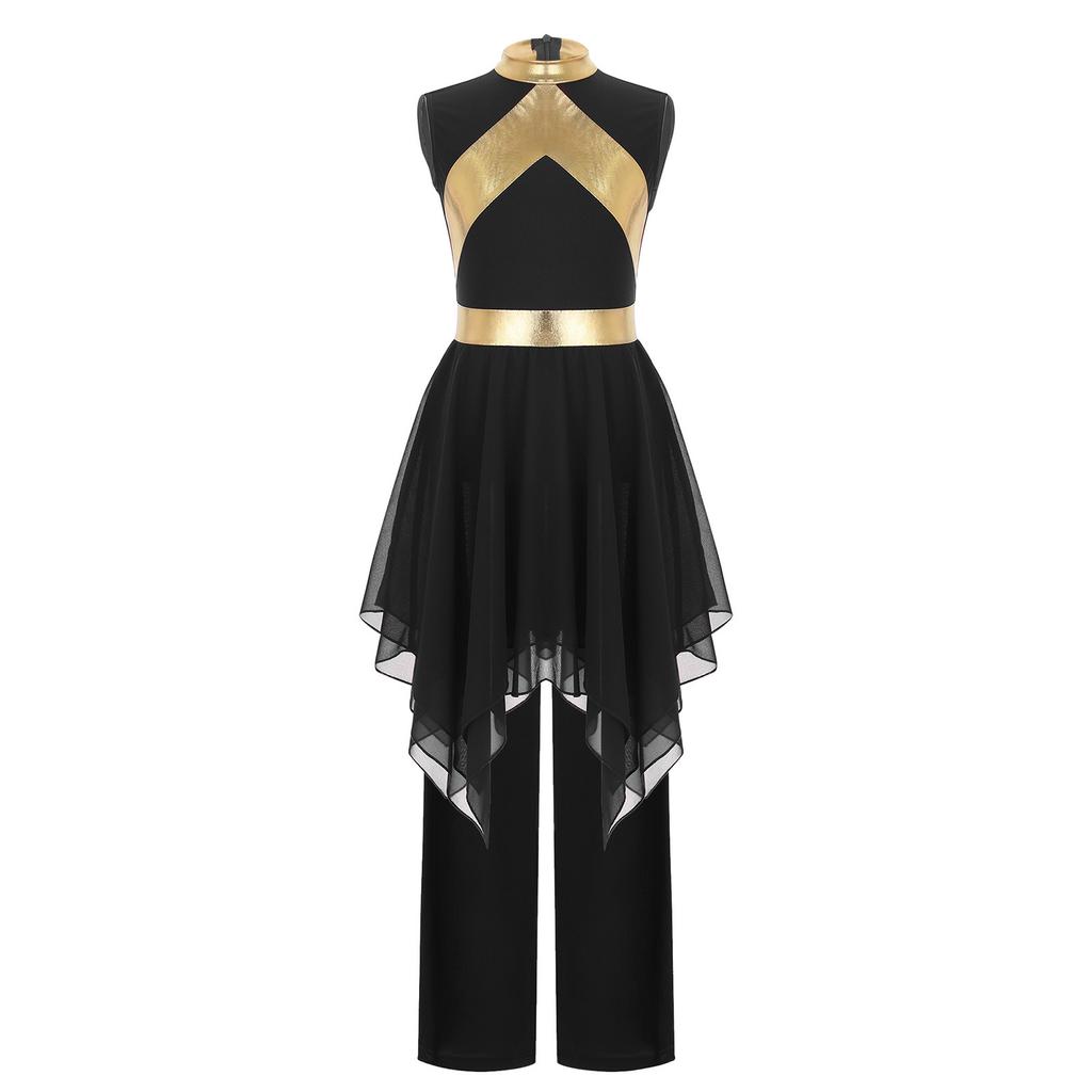 Praise Dance Costume for Kids Girls: Asymmetrical Sleeveless Metallic Dress & Comfortable Wide-Leg Pants with Elastic Waist