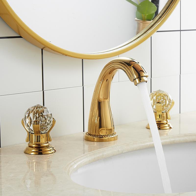Tuqiu Basin Faucet Gold Bathroom Sink Faucet 3 Hole Widespread Basin Mixer Hot And Cold Brass amd Crystal Water Tap New