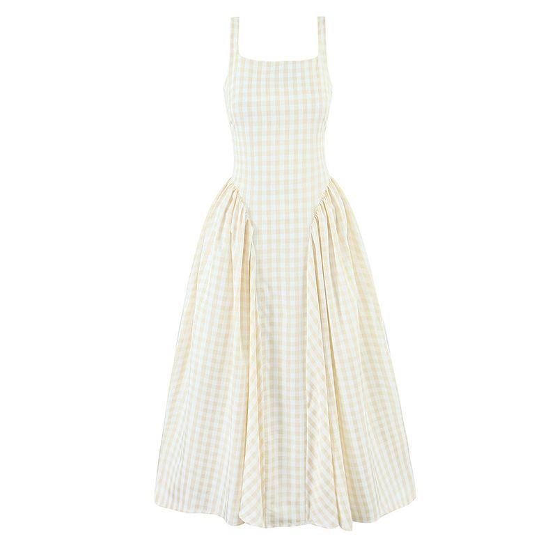 

Shengru Summer Flower Babyboo French style Sweet Holiday Style Plaid Waist Hugging Slimming Backless Strap Sling Dress Milk tea color check L