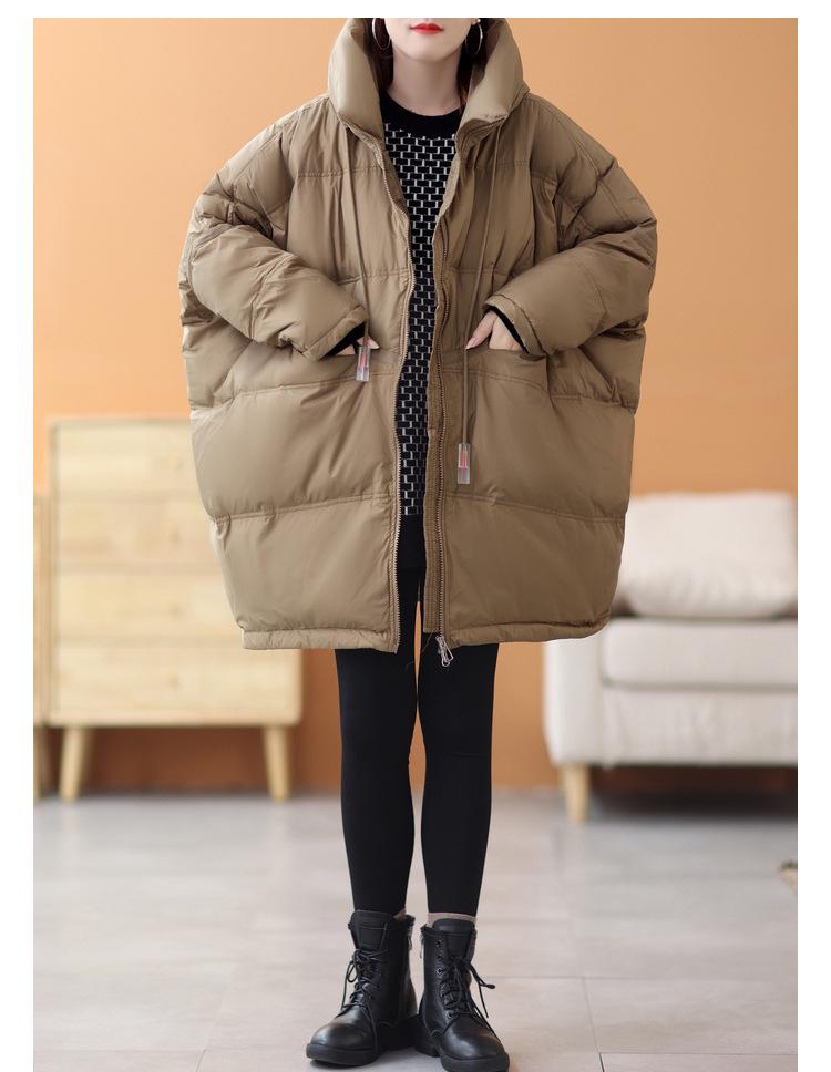 Women's Mid-Length Hooded Patchwork Pendant Down Jacket - Plus Size, Loose Fit, White Duck Down, Autumn/Winter Style
