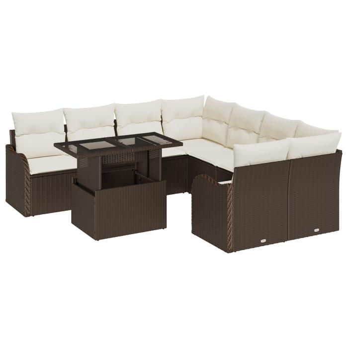 VidaXL Ensemble de canapé de jardin 9 pièces avec coussins en poly rotin brun 3357171