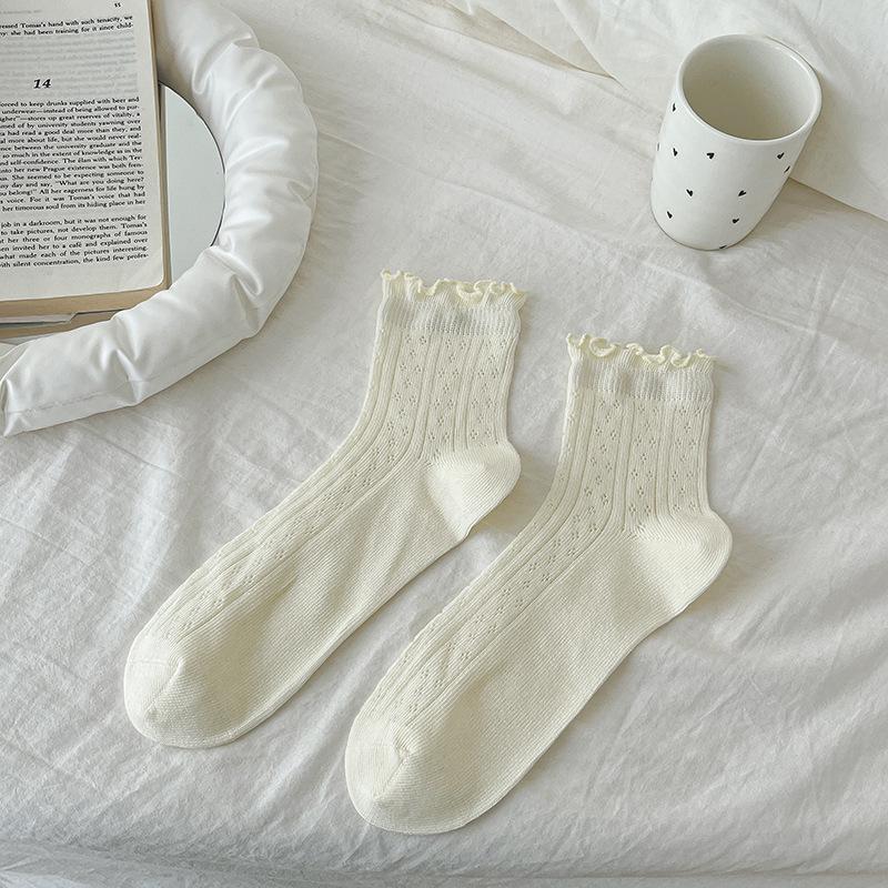 

Женские летние тонкие сетчатые белые хлопковые носки с деревянной трубкой сбоку 1 pair