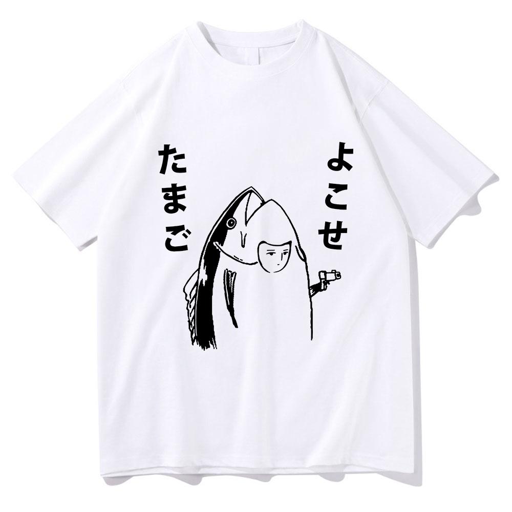 Harajuku Style Lovely Autumn All-purpose Top Fun Japanese Fish and Gun Design T-shirt Couples Unisex Cotton Design T-shirt