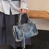 High-end Rivet Motorcycle Bag, Casual Crossbody Bag, Retro Washed and Aged Denim Handbag