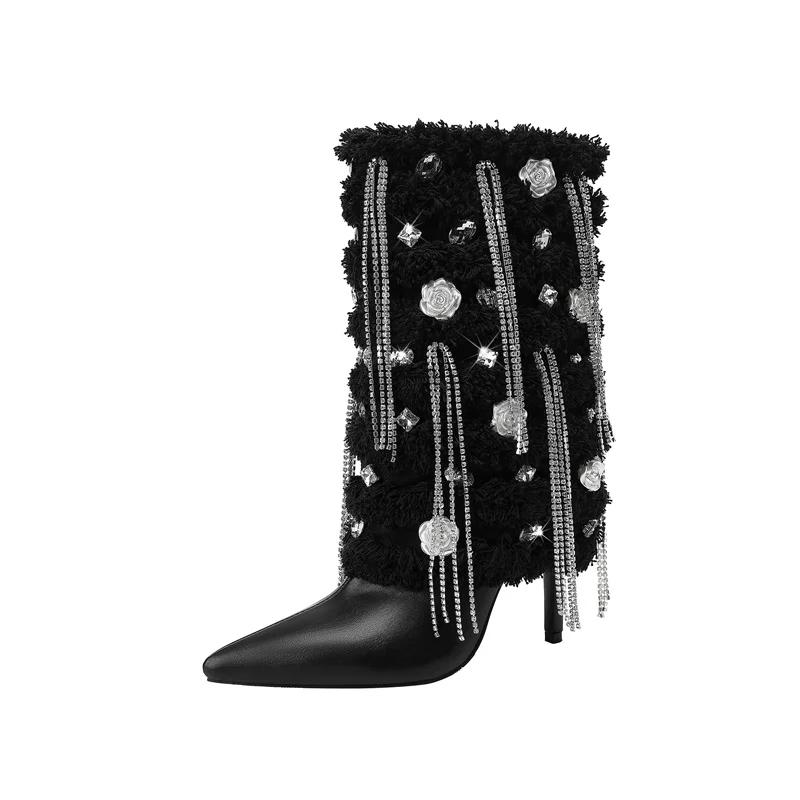 

Модные новые ботильоны челси с кристальной кисточкой и стразами, женские блестящие ретро ботильоны в рыцарском стиле на толстой подошве, размеры 35-44 39