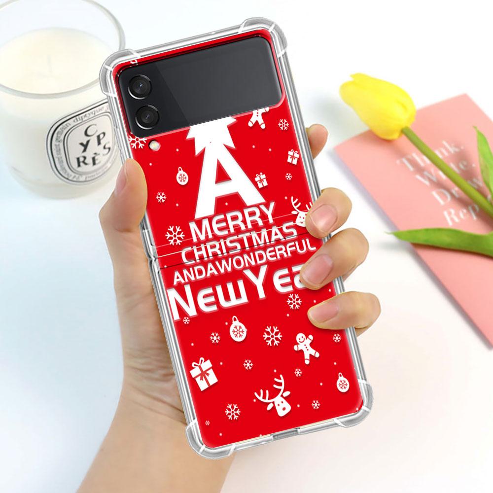 Luxury Case For Samsung Galaxy Z Flip 3 4 5G Funda Z Flip3 Clear PC Hard Shockproof Back Phone Shell Snowman Christmas Cartoon