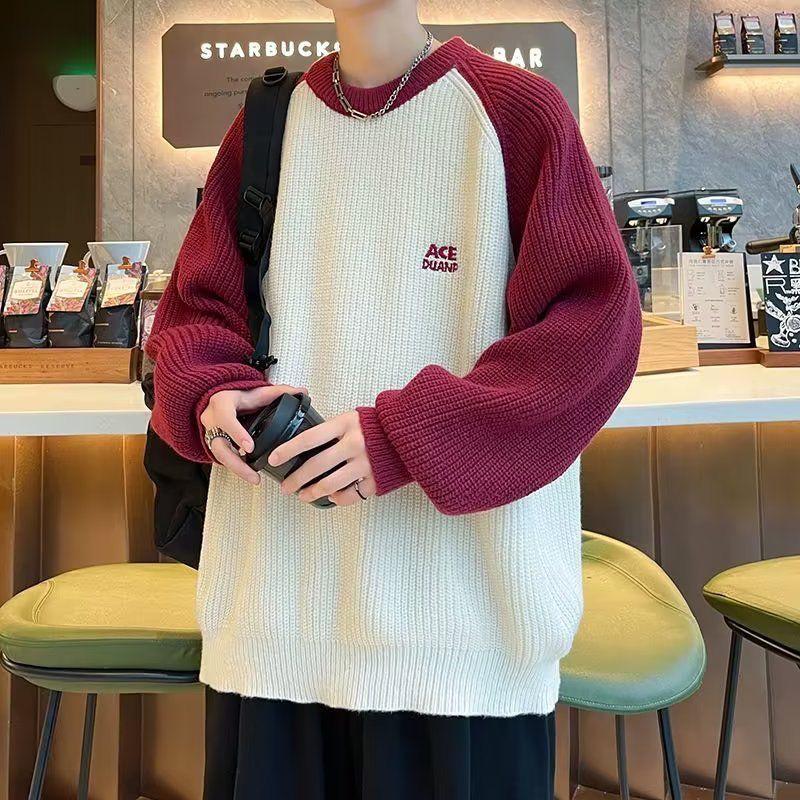 Men’s Retro American Style Raglan Sleeve Color Block Knitwear Jacket