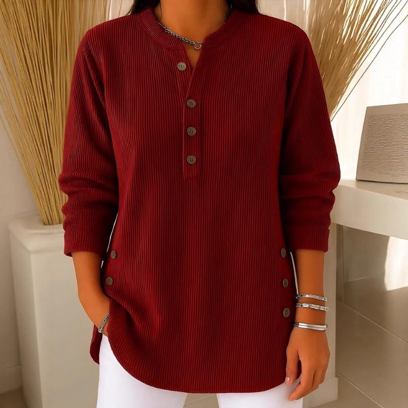 

Women Autumn Red Corduroy Henley Neck Button Detail Curved Hem Casual Blouse S бордовий