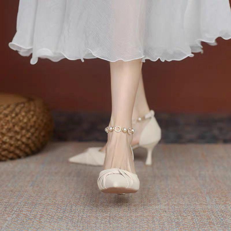 Temperament French niche 3cm low heel stiletto bridesmaid high heels female pearl fairy style with skirt small heel versatile