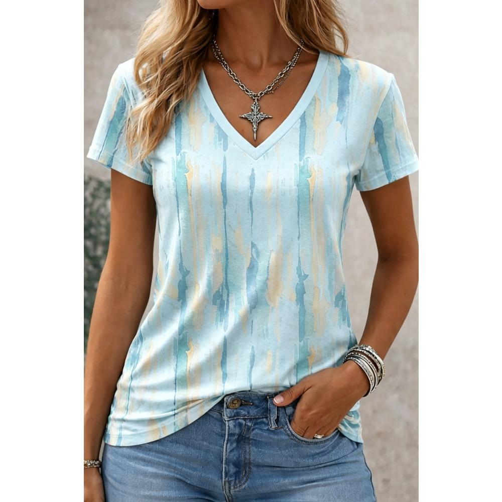 2025 Ethnic Women's T-Shirt Vintage Flower Graphics Fashion Short Sleeved V-Neck Regular
