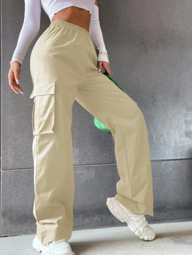 2024 Elastic Waist Women's Cargo Pants - Solid Color, Spring/Summer Fashion, Flap Pockets, In Stock