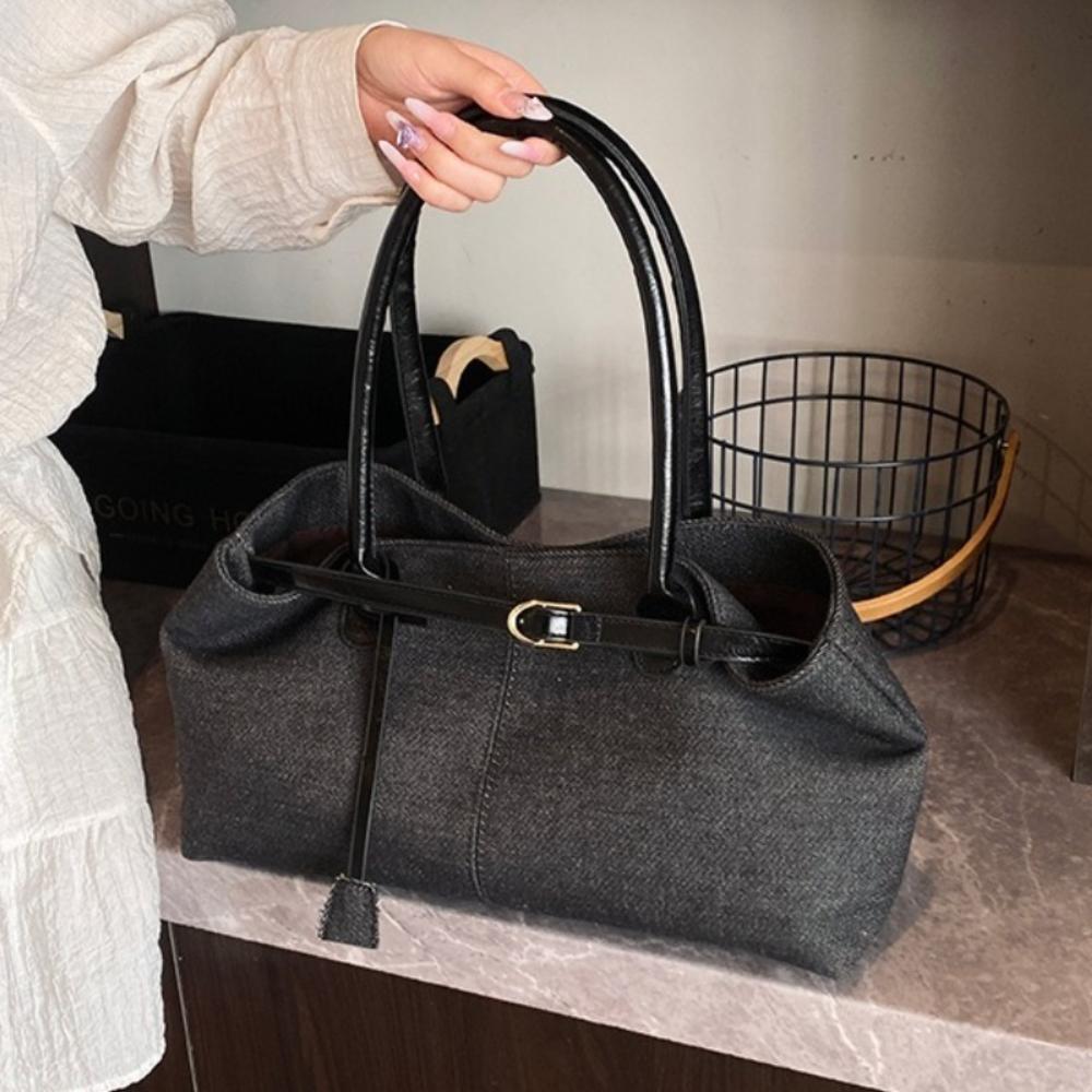 Patchwork Color Vintage Armpit Bag Hasp Closure Casual Tote Bag Denim Shoulder Bag Students