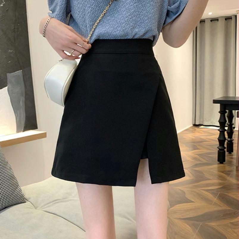 Women's 2023 Spring/Summer Black A-Line Midi Skirt with Irregular Slit - Petite Niche Design