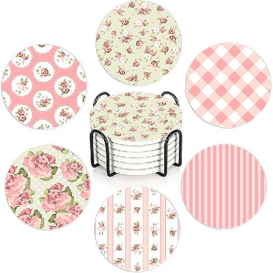 Drink Coasters with Holder,6 Pcs Moon Phases Absorbent Ceramic Coasters with Cork Base,Cute Funny Table Drinks Coasters,Table Home Decor,4 Inches